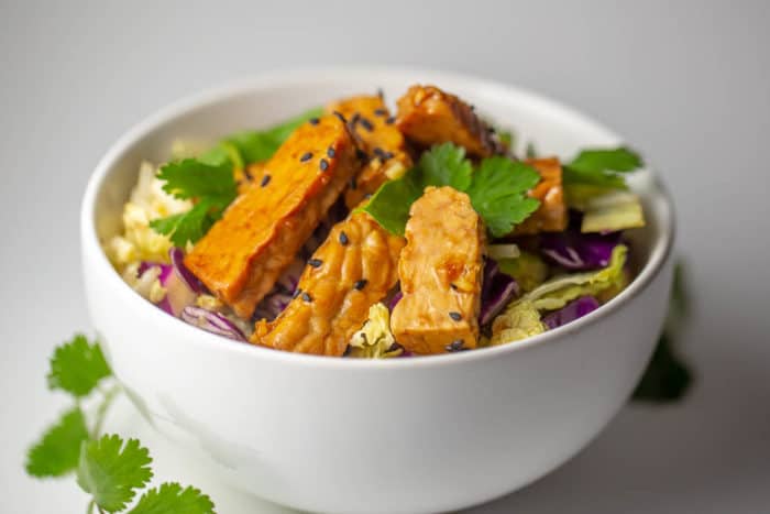 Raw vegan tempeh and cabbage salad with sesame dressing