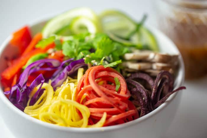 Raw Vegan Keto Rainbow Salad with Sesame Ginger Miso Dressing