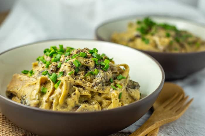 Vegan Keto Fettucine Alfredo pasta with mushrooms