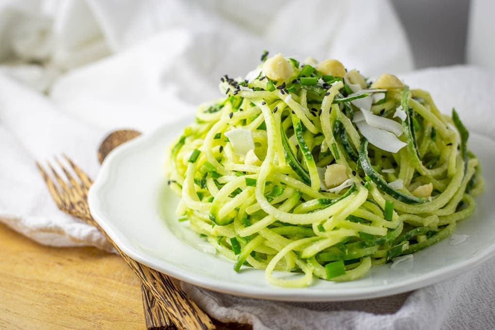 Cucumber noodles with creamy coconut lime dressing are keto, paleo, vegan