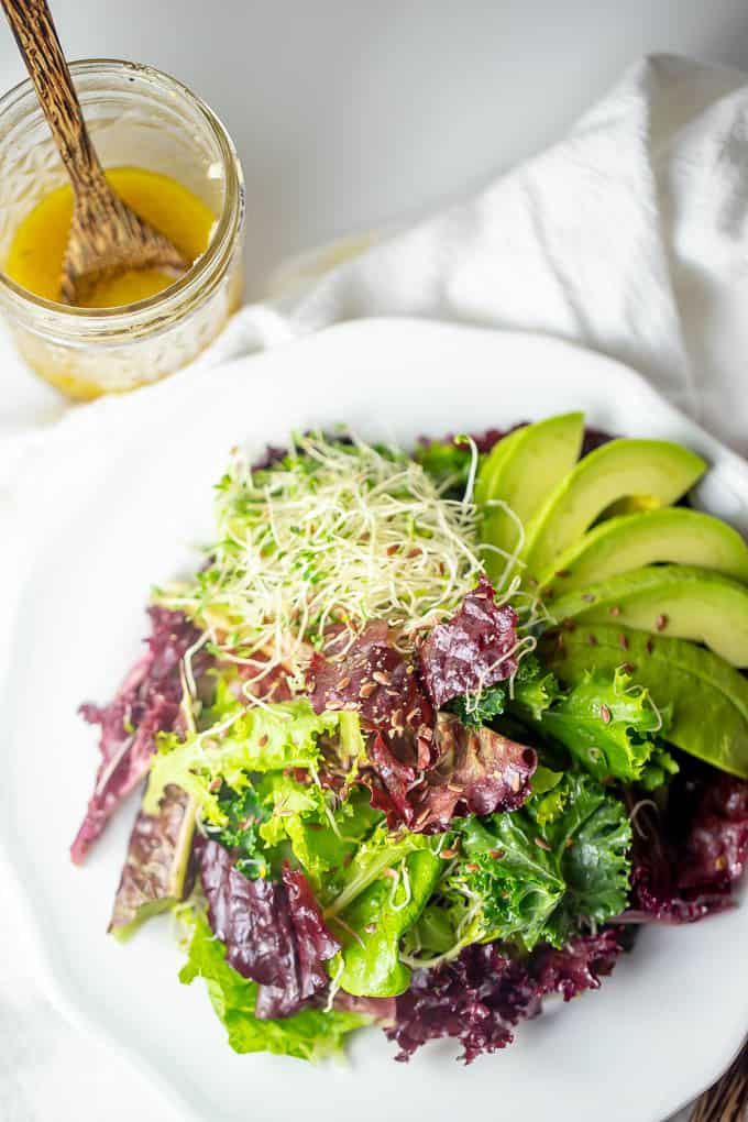 Flaxseed oil- raw garlic vinaigrette salad is packed with anti-cancer nutrition.