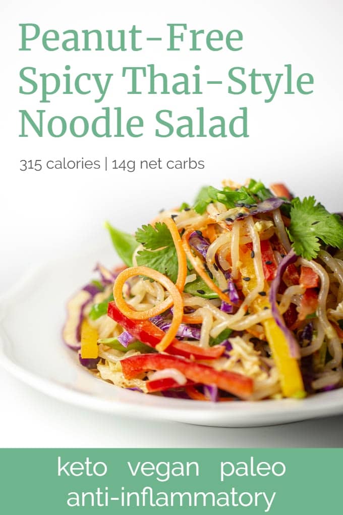 This raw vegan, keto-compliant Thai-style noodle salad is also peanut-free, low carb and low calorie.