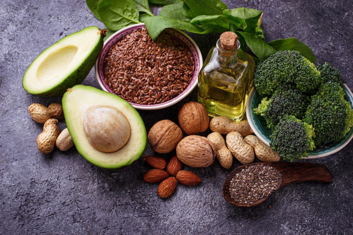 Vegan fat sources â flax, spinach, broccoli, nuts, olive, oil and avocado.