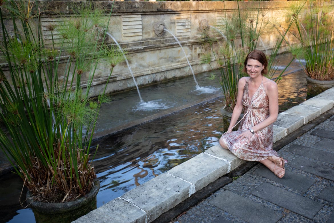 Maggie by a fountain in Bali