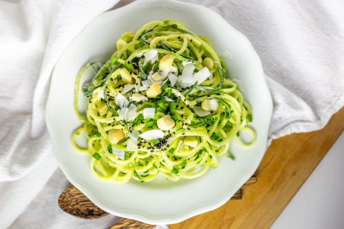 Cucumber noodles with creamy coconut lime dressing are keto, paleo, and vegan