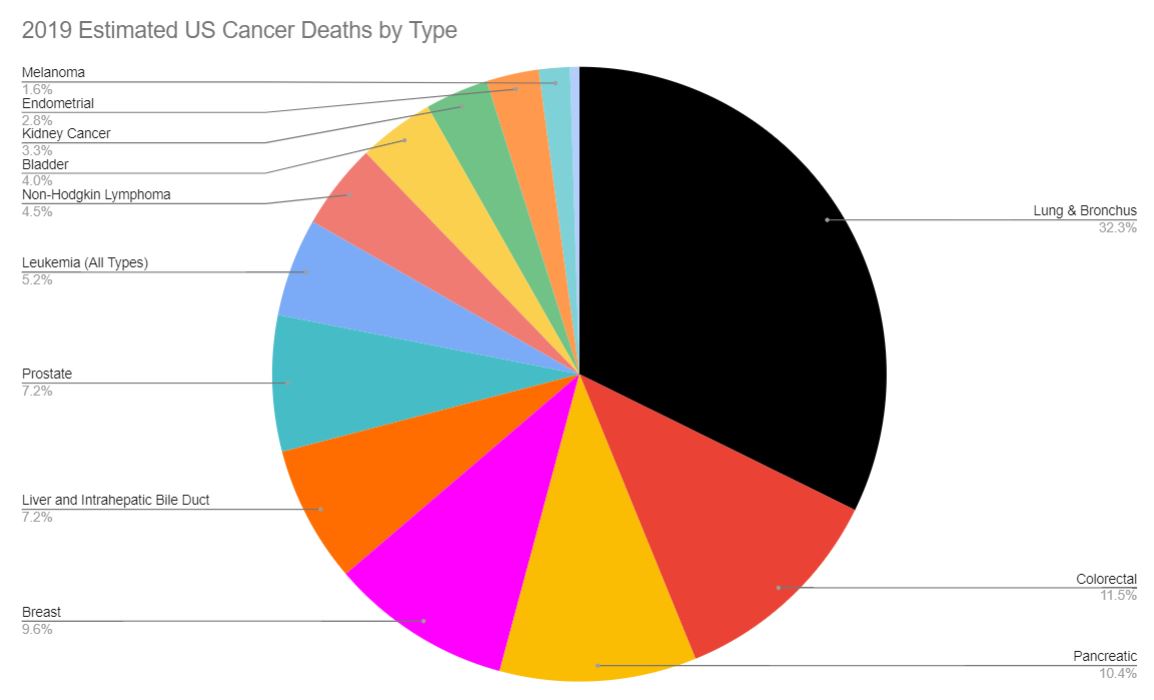 2019 Estimated US Cancer Deaths by Type (Pie Chart)