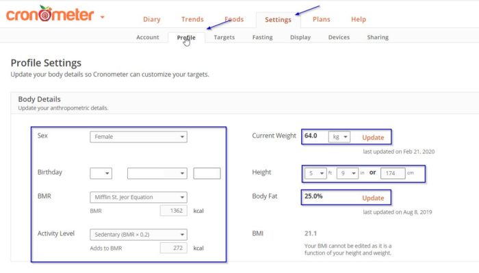 How to calculate your macros for therapeutic ketosis in Cronometer: start by adding your body details in Settings, Profile.